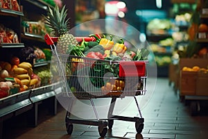 A shopping cart with fruits and vegetables. Generative AI