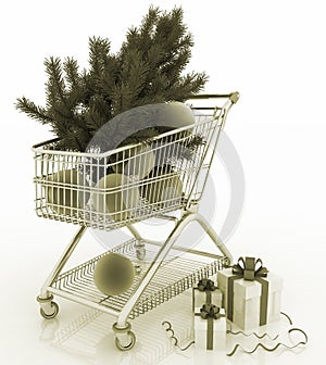 Shopping cart full with christmas balls with fir-tree and gift boxes