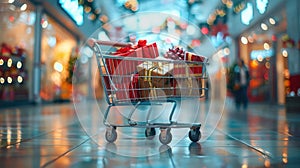 Shopping cart full of Christmas presents in mall photo