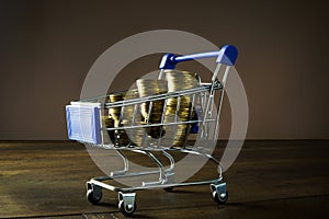 Shopping cart full of coins as a concept payday loan.