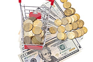 Shopping cart full of coins on white background, shopping