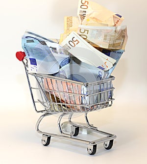 Shopping cart full of crumpled euro money
