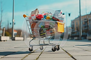 Shopping Cart Full of Food and Drinks, A shopping cart overflowing with goods representing high cost of living, AI Generated
