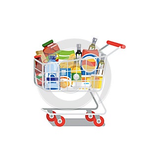 Shopping Cart Full of Food Isolated Flat Vector
