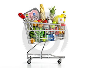 Shopping cart full of food isolated on white. Grocery and food store concept