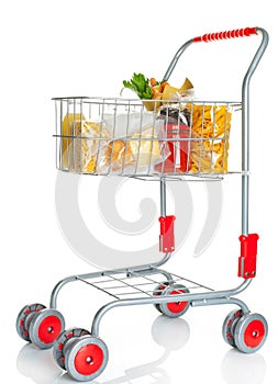 Shopping cart full with food products