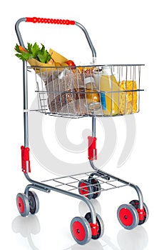 Shopping cart full with food products