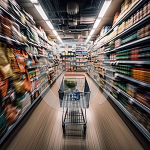 Shopping cart full of food in the supermarket aisle, fast motion