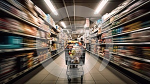 Shopping cart full of food in the supermarket aisle, fast motion