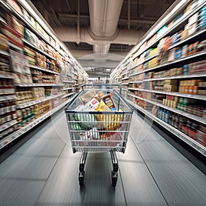 Shopping cart full of food in the supermarket aisle, fast motion