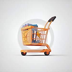 Shopping cart full of food on white background. Grocery and food store concept. Supermarket trolley cart with fresh products.