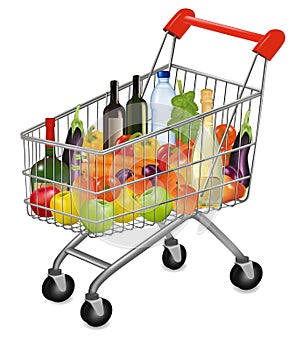 A shopping cart full of fresh colorful products.