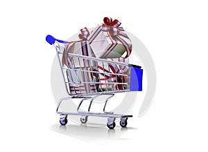shopping cart full of gift boxes with ribbon