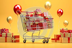 Shopping cart full of gift boxes with ribbons and bows on a red backgreound. New year and Christmas shopping concept. 3d