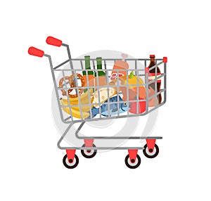 Shopping cart. Full grocery trolley fruits and vegetables, bread and meat, plastic bottles with beverages, department