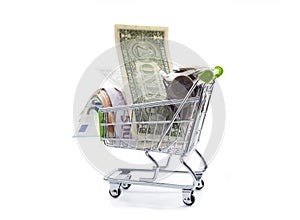 Shopping cart full of money banknotes and coins for shopping.