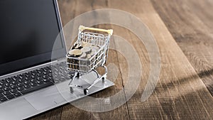 Shopping cart full of money and laptop