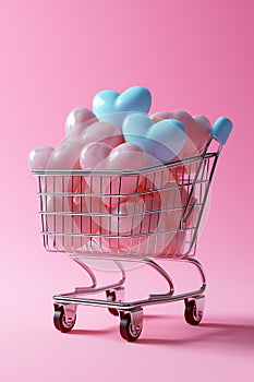 Shopping cart full of pink and blue hearts on a pink background. Holiday concept