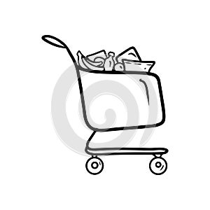 Shopping cart full of products: banana, bottle, snacks, fruits and vegetables in black isolated on white background. Hand drawn