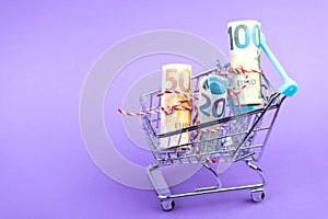 Shopping cart full of roll euro banknotes on purple