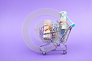 Shopping cart full of roll euro banknotes on purple