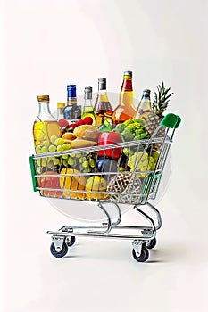 Shopping cart full of various foods and drinks on white background