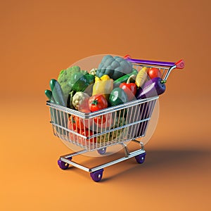 Shopping cart full of vegetables 3d illustration of shopping concept