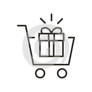 Shopping Cart with gift box inside. Vector thin line icon for concepts of ecommerce, buying online, adding to cart, christmas