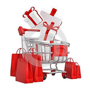 Shopping cart and gift box with paper bag isolated on white background 3D render