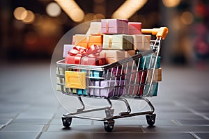 Shopping cart with gift boxes. Christmas and New Year shopping concept