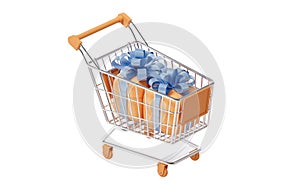 Shopping cart with gift boxes inside, 3d rendering