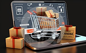 shopping cart and gift boxes on laptop, e-commerce concept, Generative AI