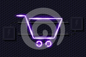 Shopping cart glowing purple neon lamp sign on a black electric wall