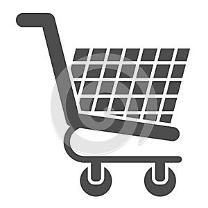 Shopping cart glyph icon. Market trolley on wheels. Commerce vector design concept, solid style pictogram on white