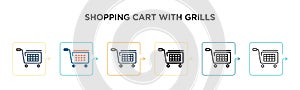 Shopping cart with grills vector icon in 6 different modern styles. Black, two colored shopping cart with grills icons designed in