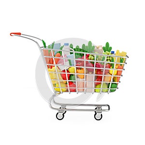 Shopping cart with groceries. Full metal grocery or food basket with products isolated on white.