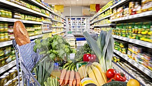 Shopping cart with healthy foods in the supermarket