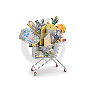 Shopping cart with heap of building materials