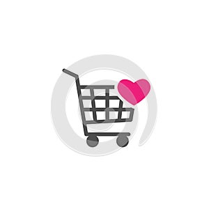 Shopping cart with heart pink sign. simple icon isolated on white background. Store trolley with wheels.