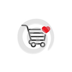 Shopping cart with heart pink sign. simple icon isolated on white background. Store trolley with wheels