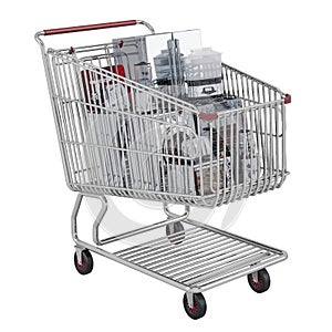 Shopping cart with home appliances, 3D rendering