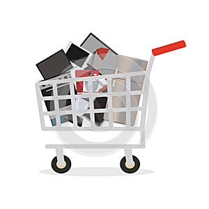 Shopping cart with home appliances and electronics.