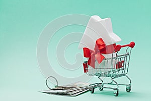 Shopping cart with house decorated bow ribbon, dollars money and bunch of keys. Buying new home, gift or sale real estate.