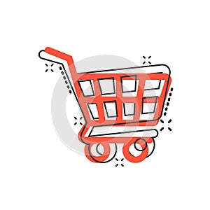 Shopping cart icon in comic style. Trolley cartoon vector illustration on white isolated background. Basket splash effect business