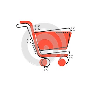 Shopping cart icon in comic style. Trolley cartoon vector illustration on white isolated background. Basket splash effect business