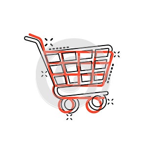 Shopping cart icon in comic style. Trolley cartoon vector illustration on white isolated background. Basket splash effect business