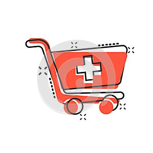 Shopping cart icon in comic style. Trolley cartoon vector illustration on white isolated background. Basket splash effect business