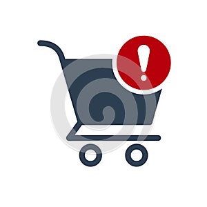 Shopping cart icon, commerce icon with exclamation mark. Shopping cart icon and alert, error, alarm, danger symbol