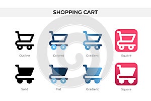 shopping cart icon in different style. shopping cart vector icons designed in outline, solid, colored, gradient, and flat style.