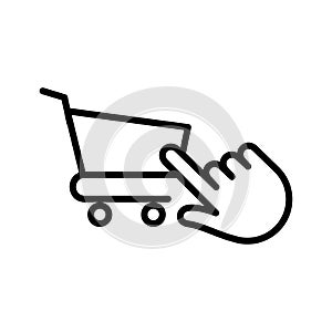 Shopping cart icon with hand touch. Web store shopping cart icon. Internet shop buy online